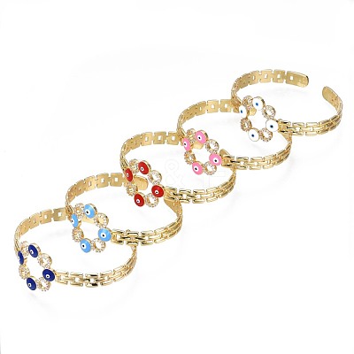 Cubic Zirconia Ring with Evil Eye Open Cuff Bangle with Enamel for Women BJEW-N012-014-1