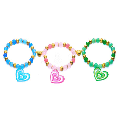 Glass Resin Magnetic Heart Friendship Stretch Bead Bracelet Sets for Women WG24CEB-01-1
