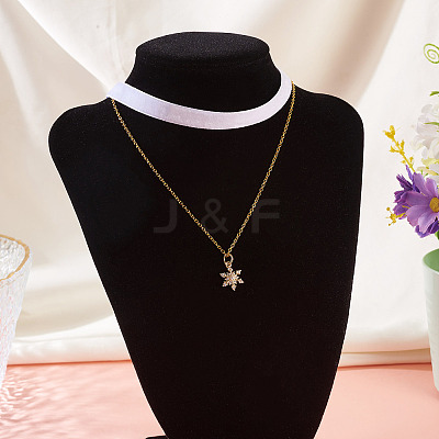 Brass Micro Pave Clear Cubic Zirconia Snowflake Pendant Single Face White Velvet Ribbon & Brass Chain Double Layered Choker Necklaces NJEW-TAC0037-1