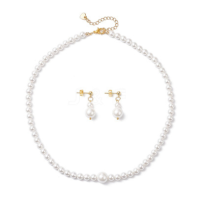 Shell Pearl Round Beaded Necklaces & Stud Dangle Earrings Sets for Women SJEW-JS01349-1