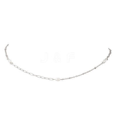 Natural Pearl Rice & 304 Stainless Steel Satellite Chain Paperclip Chain Necklaces for Women NJEW-JN05823-01-1