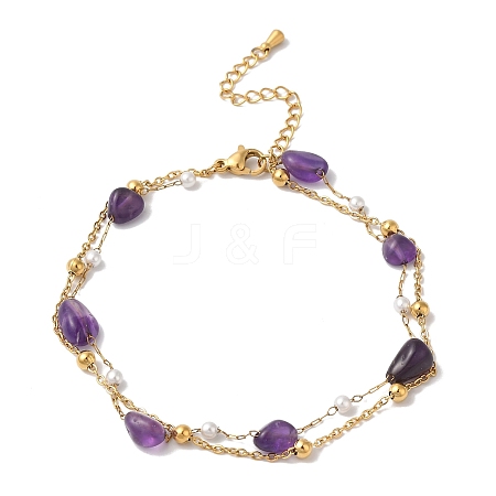 Nuggets Natural Amethyst & Imitation Pearl Multi-Strand Anklets BJEW-P326-02B-G-1