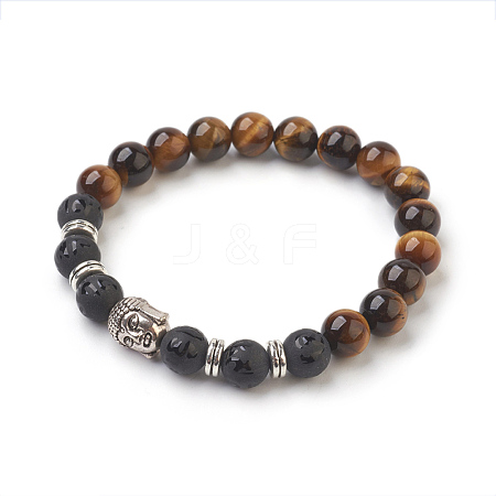 Natural Tiger Eye Beads and Natural Frosted Agate Beads Stretch Bracelets BJEW-JB03848-04-1