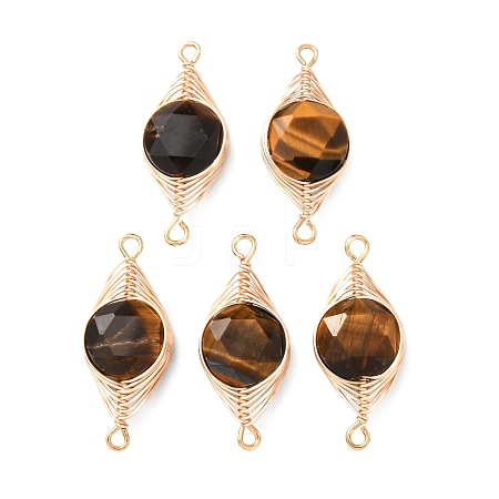 Natural Tiger Eye Faceted Hexagonal Cut Flat Round Links Connector Charms with Copper Herringbone Wire-Wrapped KK-Z152-07G-05-1