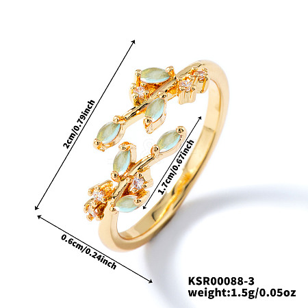 Exquisite Brass Cubic Zirconia Willow Leaf Cuff Rings for Women UN6923-3-1