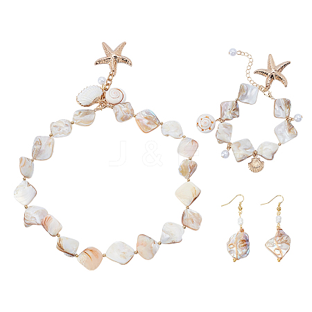 Shell Beaded Charm Bracelets and Rhombus Dangle Earrings and Pendant Necklaces for Women SJEW-ME0001-11-1