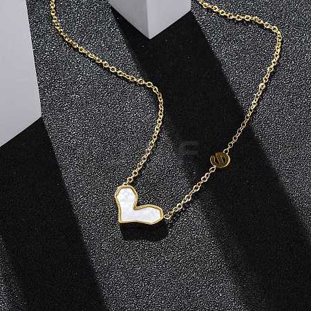 304 Stainless Steel Pave Natural White Shell Heart Pendant Necklaces for Women NJEW-U032-09G-01-1