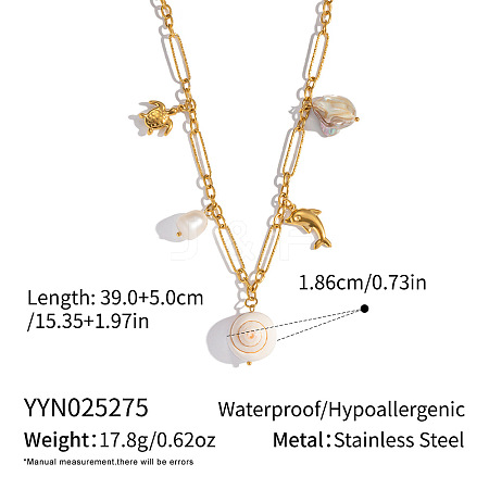 Natural Shell Pendant 304 Staniless Steel Paperclip Chain Bib Necklaces for Women KN2653-1-1