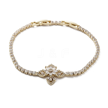 Brass Flower Link Bracelet with Clear Cubic Zirconia Tennis Chains BJEW-G690-04G-1