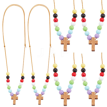 Wood Cross with Acrylic Beaded Pendant Necklaces for Women NJEW-AB00014-1