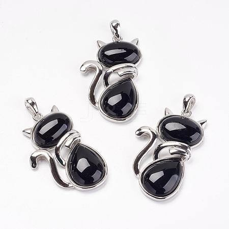 Natural Black Agate Kitten Pendants G-G713-B05-1