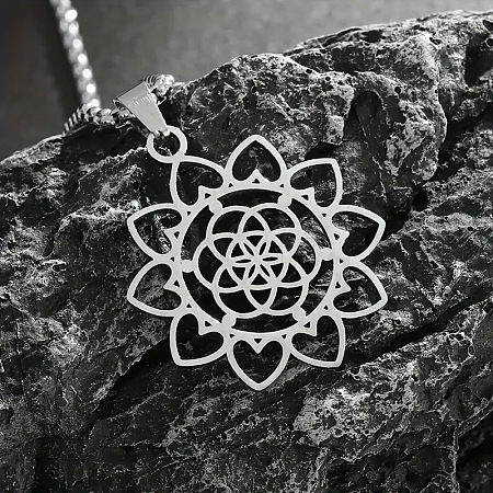 201 Stainless Steel Laser Cut Lotus Flower Pendant Necklaces FS-WG19C45-01-1