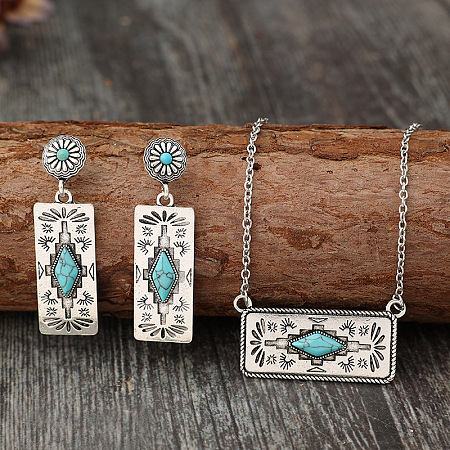 Western Aztec Alloy & Synthetic Turquoise Stud Earrings & Pendant Necklaces Sets FS-WGDC47F-01-1