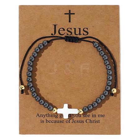 Adjustable Vintage Shell Cross Synthetic Non-magnetic Hematite Braided Beaded Bracelets for Men SE7092-1