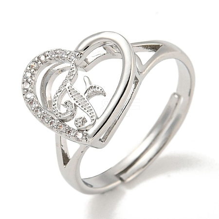 Heart with Letter Rack Plating Brass Micro Pave Cubic Zirconia Adjustable Rings for Women RJEW-I105-06P-F-1