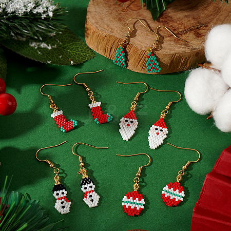 5 Pairs Christmas Theme Handmade Glass Seed Beads Dangle Earrings GX9594-1