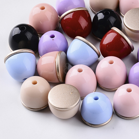  Jewelry Beads Findings Opaque Acrylic Beads, Two Tone, with Rose Gold Plated Flat Plate, Half Drilled, Half Oval, Mixed Color, 16x14mm, Half Hole: 2.5mm