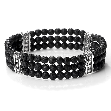 Round Natural Lava Rock & Alloy Multi-Strand Beaded Stretch Bracelets for Women Men GQ0306-3-1