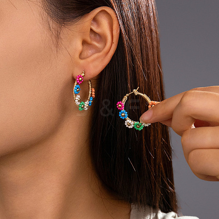 Flower Brass Glass Seed Beaded Hoop Earrings FS-WG0698E-01-1