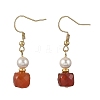 Natural Carnelian with Round Shell Pearl Beads Cube Dangle Earrings EJEW-JE07522-3