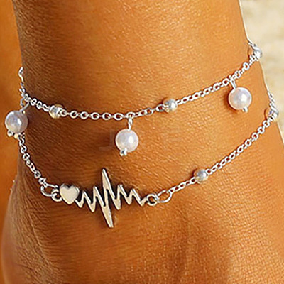 Alloy Heartbeat & Plastic Pearl Bead Tassel Double Layer Anklets for Women FS-WG27204-01-1
