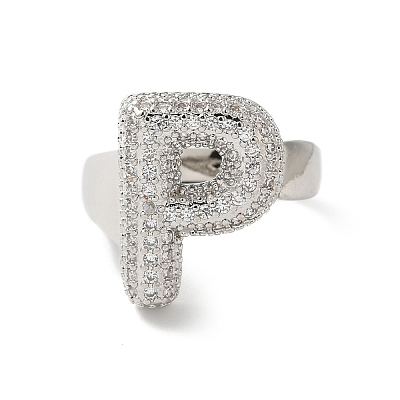 Letter Brass Micro Pave Clear Cubic Zirconia Open Cuff Ring for Women RJEW-N046-03P-P-1