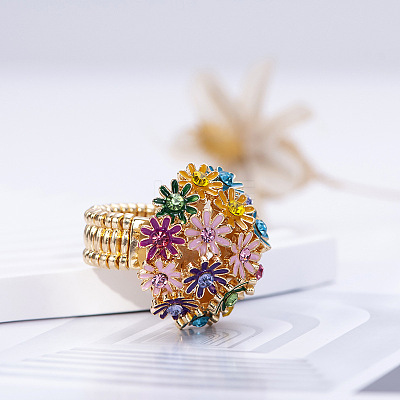 Flower Alloy with Rhinestone Enamel Finger Rings for Women FS-WG3A5AD-01-1