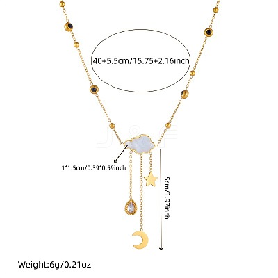 304 Stainless Steel Pave Clear Cubic Zirconia with Natural White Shell Cloud with Moon Star Tassel Pendant Necklaces for Women FS-WG2EBDD-01-1