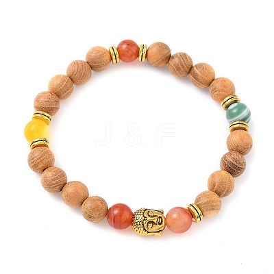 Natural Striped Agate & Wood Round Beads Stretch Bracelets for Men Women BJEW-JB12356-04-1