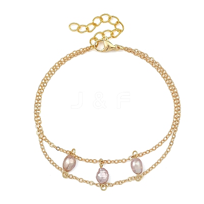 Brass Cable Chains & Rice Natural Cultured Freshwater Pearl Double Layers Bracelets for Women BJEW-JB14135-01-1