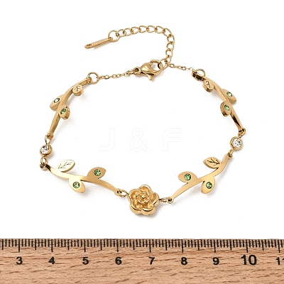 304 Stainless Steel Crystal and Peridot Rhinestone Flower Leaf Link Chain Bracelets SA-CBA7A0F-09G-1