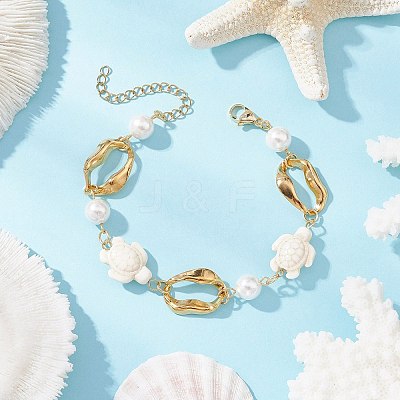 Synthetic Turquoise Tortoise & Shell Pearl & 304 Stainless Steel Oval Link Bracelets for Women BJEW-JB12173-02-1