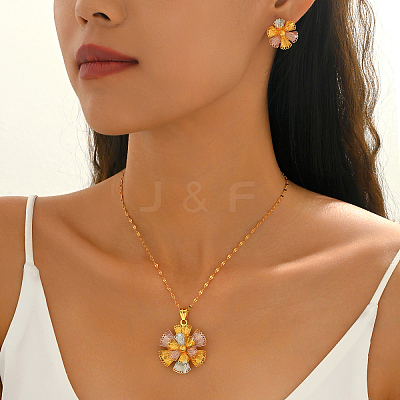 Vintage Brass Flower Stud Earrings & Pendant Necklaces Sets for Women FI9595-1