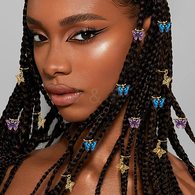 15Pcs 3 Styles Butterfly Printed Alloy Braiding Hair Pendant Decoration Clips OHAR-BM0001-04-1