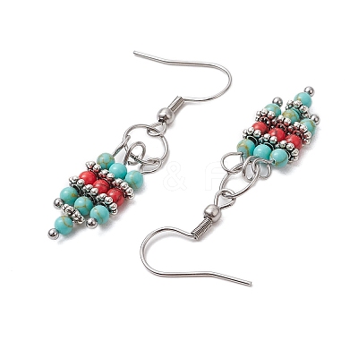 Synthetic Turquoise Beaded Tassel Dangle Earrings EJEW-JE06189-1