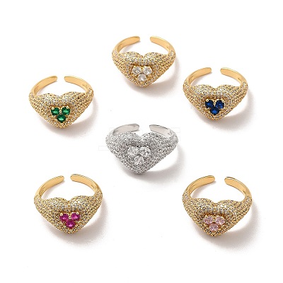 Cubic Zirconia Heart Open Cuff Ring RJEW-C041-04-1