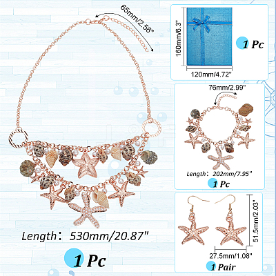 1 Set Iron Starfish & Natural Shell & Plastic Pearl Charm Bracelet & Dangle Earrings & Bib Necklaces Set SJEW-PH0001-15-1
