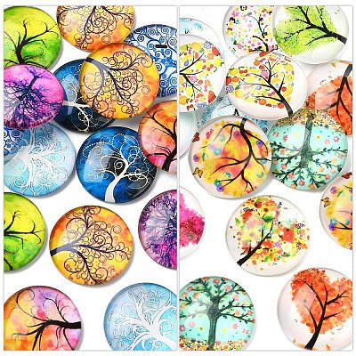 15Pcs Half Round with Tree Pattern Glass Flatback Cabochons for DIY Projects GGLA-YW0001-20-1