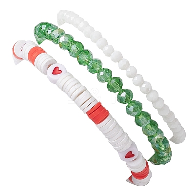 3Pcs 3 Styles Polymer Clay & Glass Beaded Stretch Bracelet Sets BJEW-JB10676-1