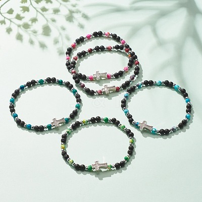 Natural & Synthetic Mixed Gemstone Beaded Stretch Bracelet with Clear Cubic Zirconia Cross for Women BJEW-JB08247-1