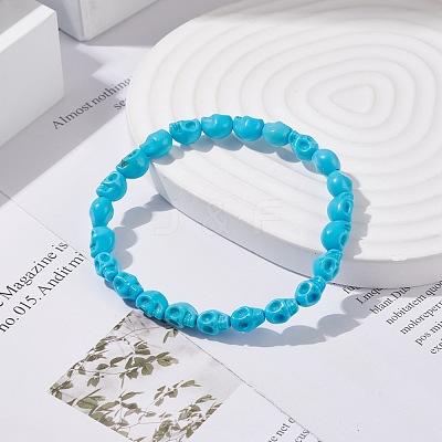 Synthetic Turquoise(Dyed) Skull Stretch Bracelet BJEW-JB08068-02-1