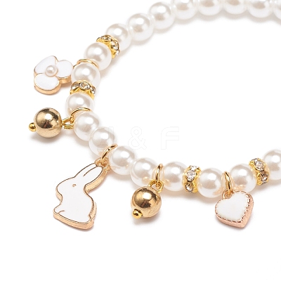 ABS Plastic Imitation Pearl Beaded Stretch Bracelet with Alloy Enamel Charms for Kids BJEW-JB08524-01-1