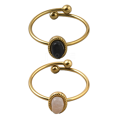 2Pcs 2 Colors Stainless Steel with Synthesis Gemstone Adjustable Cuff Rings RJEW-GO0001-37C-1