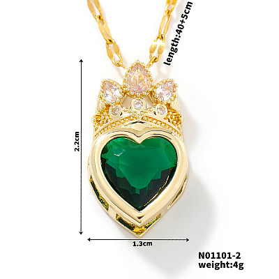 Fashionable Brass Cubic Zirconia Crown Heart-Shaped Pendant Dapped Chain Necklaces for Women SM2288-4-1