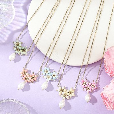 Electroplate Glass Beaded Flower Teardrop Pendant 304 Stainless Steel Cable Chain Necklaces NJEW-MZ00156-1