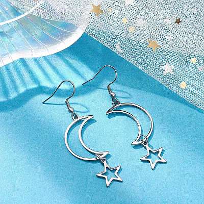 Non-Tarnish Hollow Star and Moon 304 Stainless Steel Dangle Earrings EJEW-JE05311-02-1