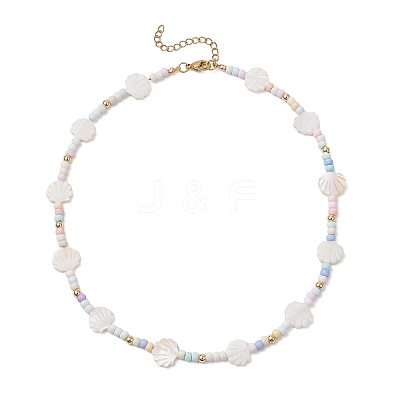 Summer Beach Natural White Shell and Glass Seed Beaded Necklaces NJEW-JN05855-01-1