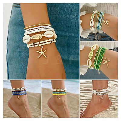 2 Bags Summer Beach Glass Seed Beaded & Natural Shell & Alloy Starfish Charm Anklet Sets AJEW-TA0003-69F-1