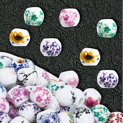 180Pcs Floral Printed Porcelain Beads PORC-LT0001-09-1