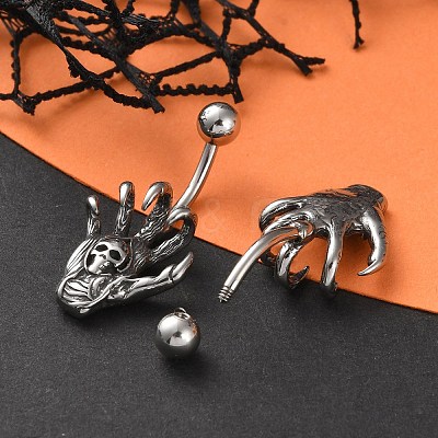 Skull Devil Hand 316 Surgical Stainless Steel Belly Button Rings EJEW-G416-12AS-1